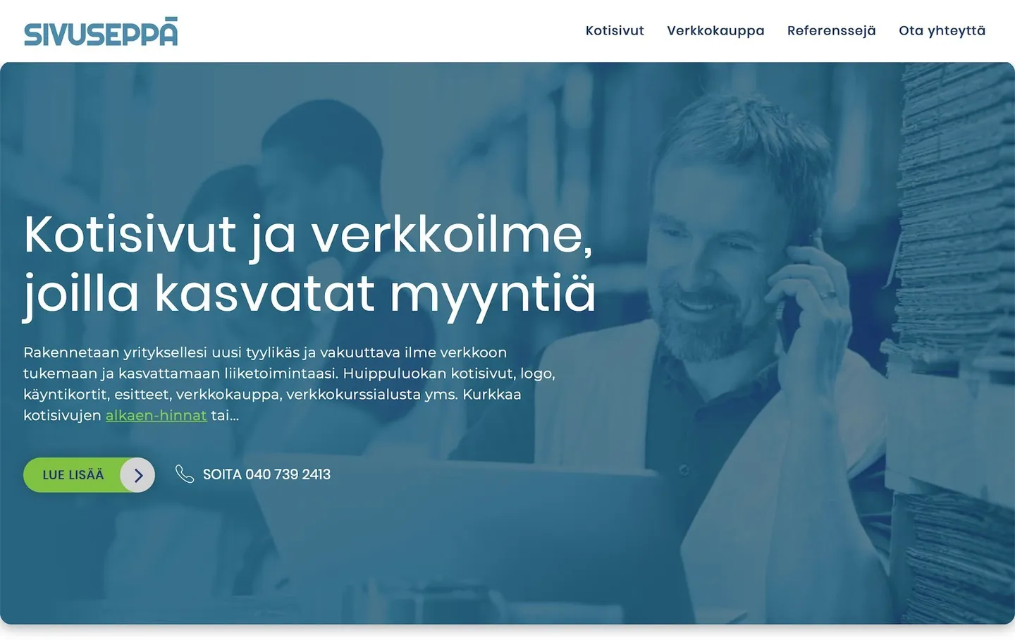 Sivusepän verkkosivun etusivu, otsikkona Kotisivut ja verkkoilme, joilla kasvatat myyntiä