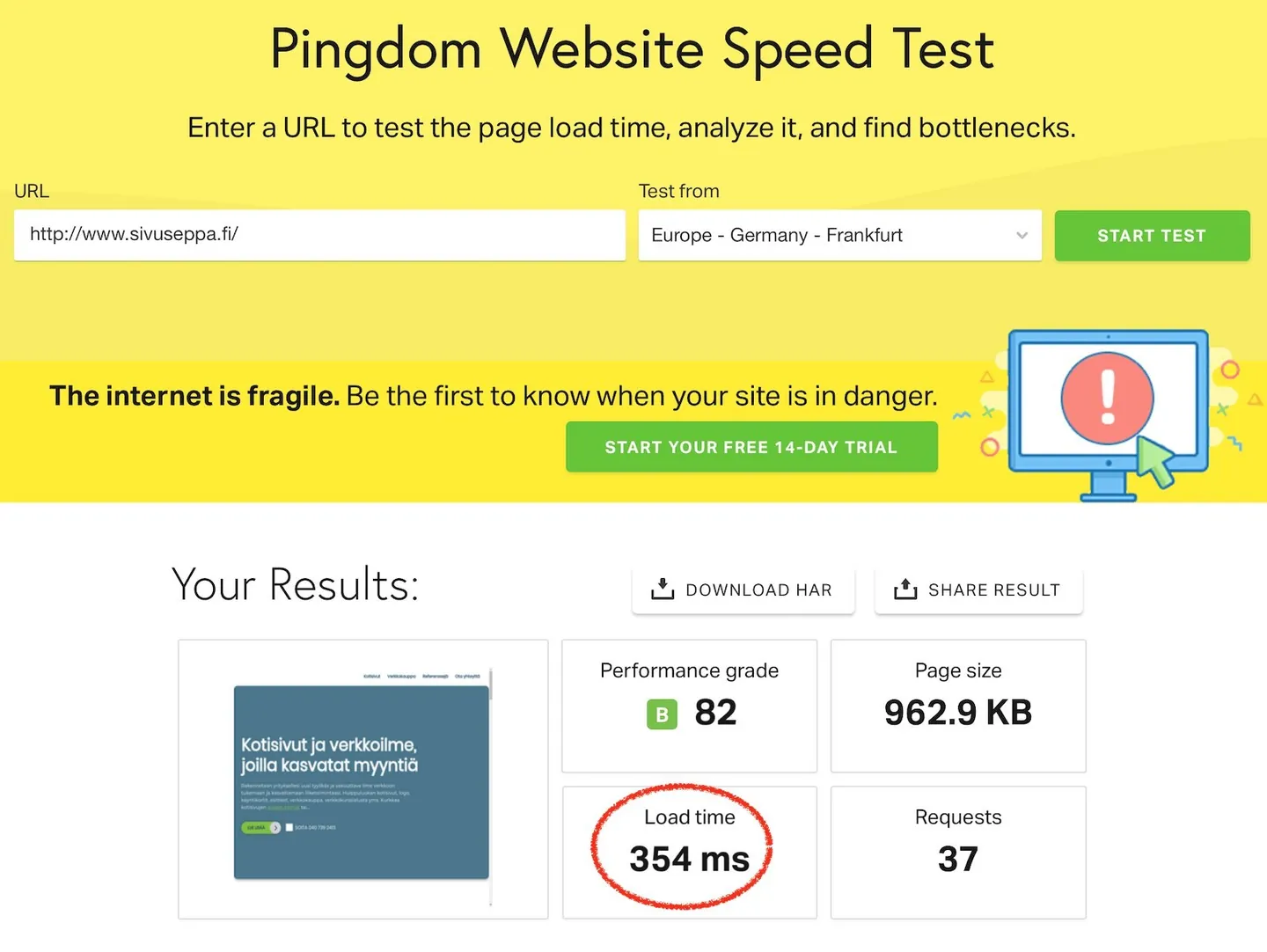 Pingdom-nopeustestin tulos: etusivun latausaika 354 millisekuntia Nginx-välimuistilla