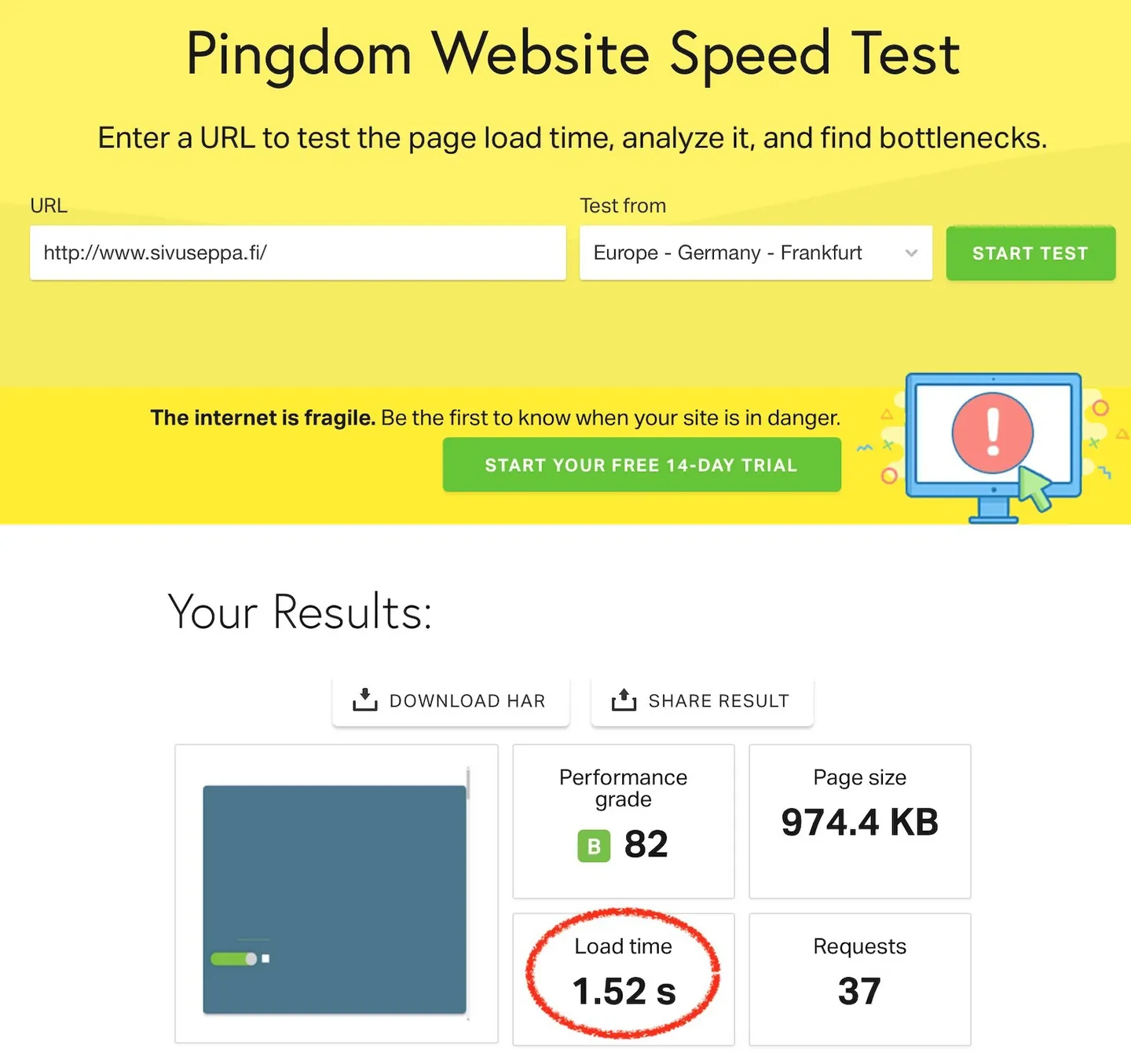 Pingdom-nopeustestin tulos: etusivun latausaika 1,52 sekuntia Hostaanin palvelimella