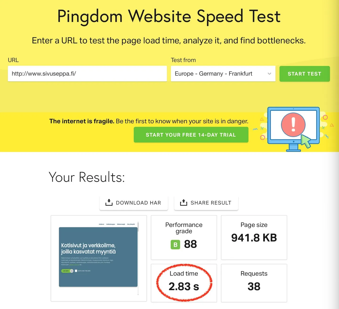 Pingdom-nopeustestin tulos: Sivusepän etusivun latausaika 2,83 sekuntia vanhalla palvelimella