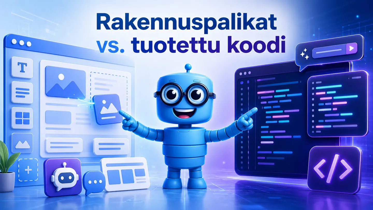 Ystävällinen sininen robotti vertaa rakentajakomponentteja ja tuotettua koodia