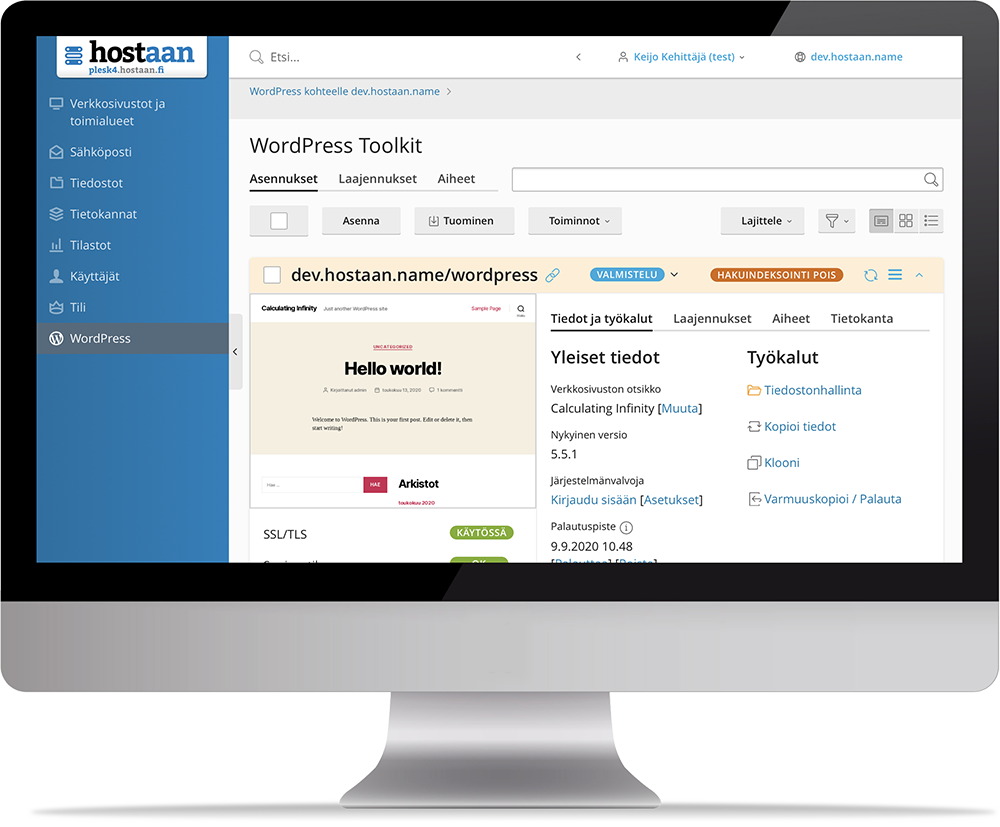 WordPress Toolkit Pleskissä työpöytänäytöllä: WordPress-asennuksen tiedot ja työkalut