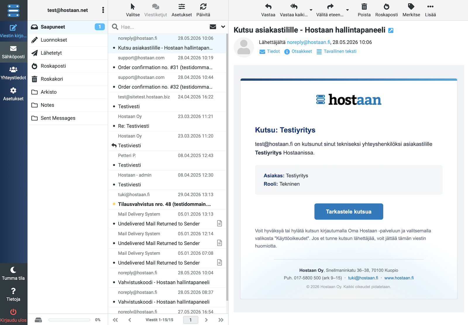 Roundcube-webmailin saapuneet-näkymä