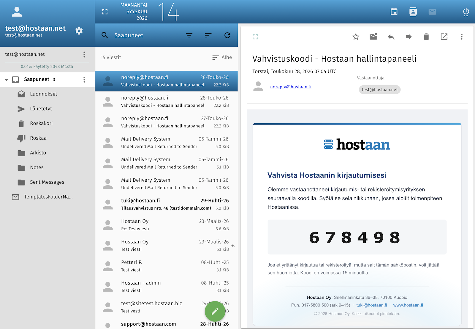 SoGo-webmailin saapuneet-näkymä