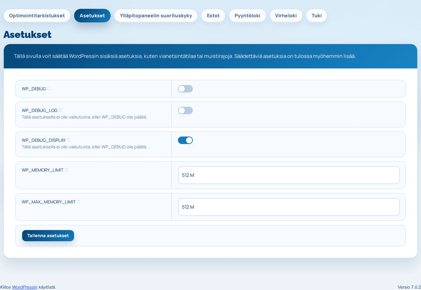 Hostaan-lisäosan Asetukset-välilehti, jossa wp-config.php-asetukset
