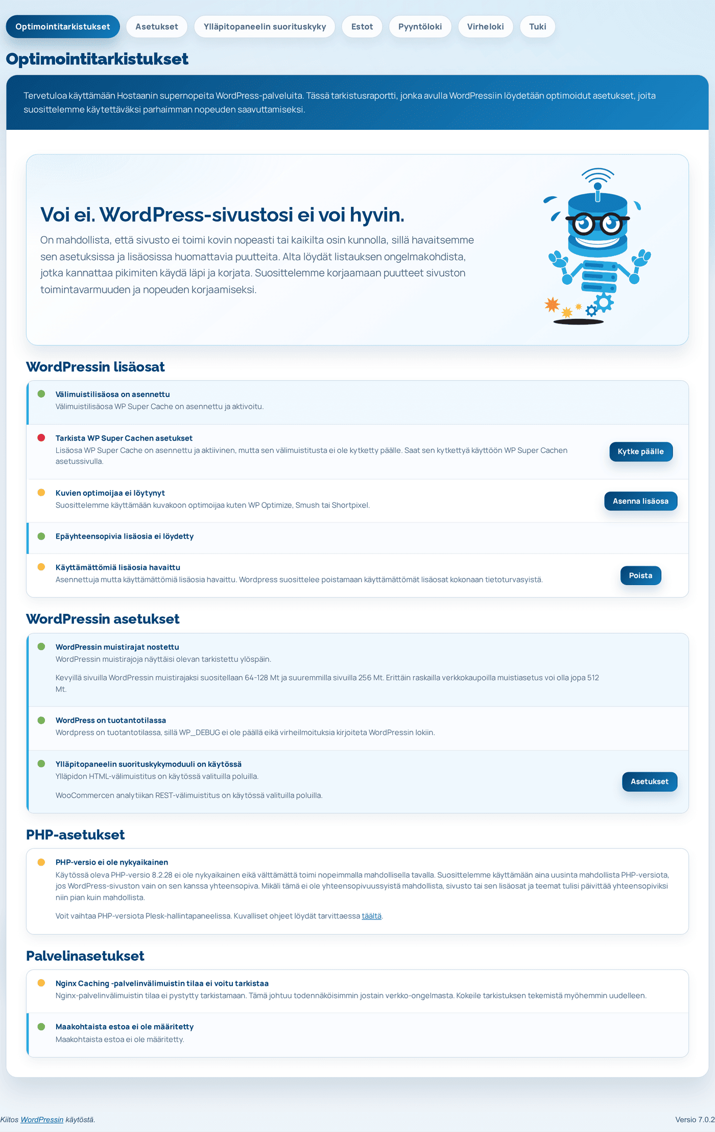 Hostaan-lisäosa: hallintapaneelin nopeutus, wp-config-asetukset ja maaesto