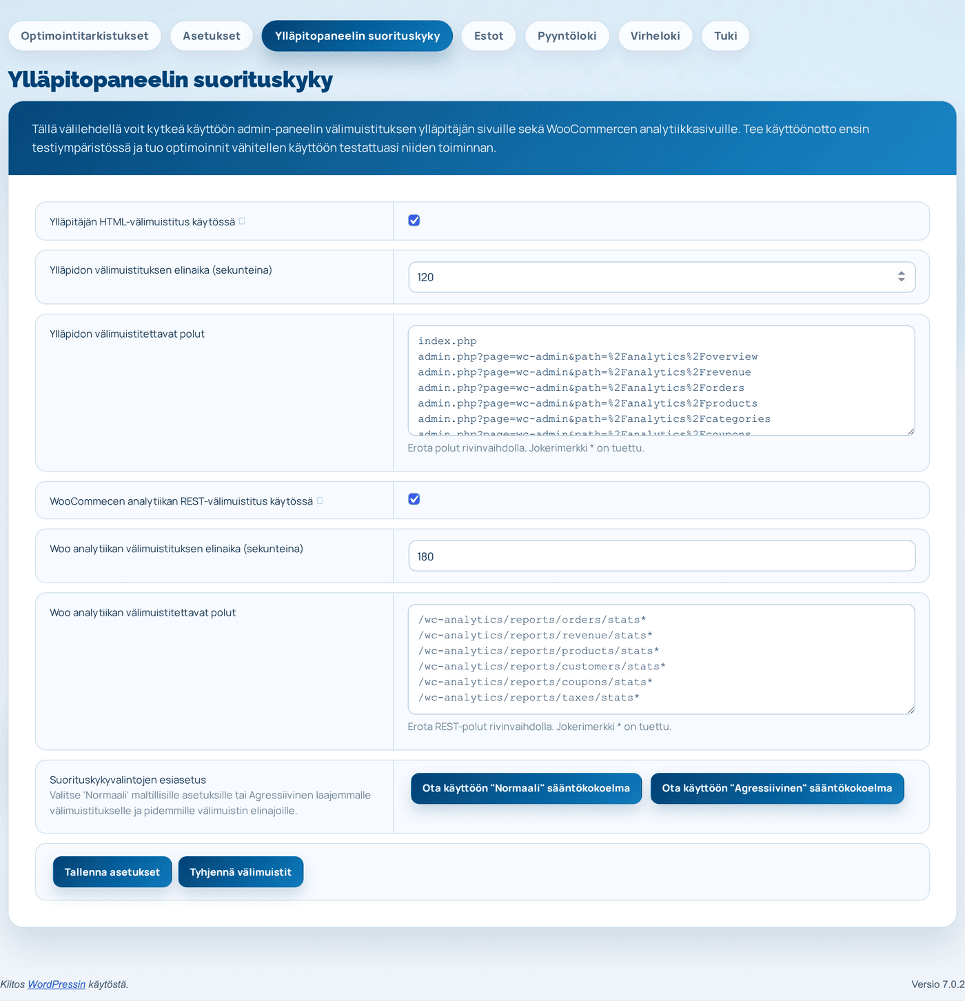 Hostaan-lisäosan Ylläpitopaneelin suorituskyky -välilehti välimuistiasetuksineen