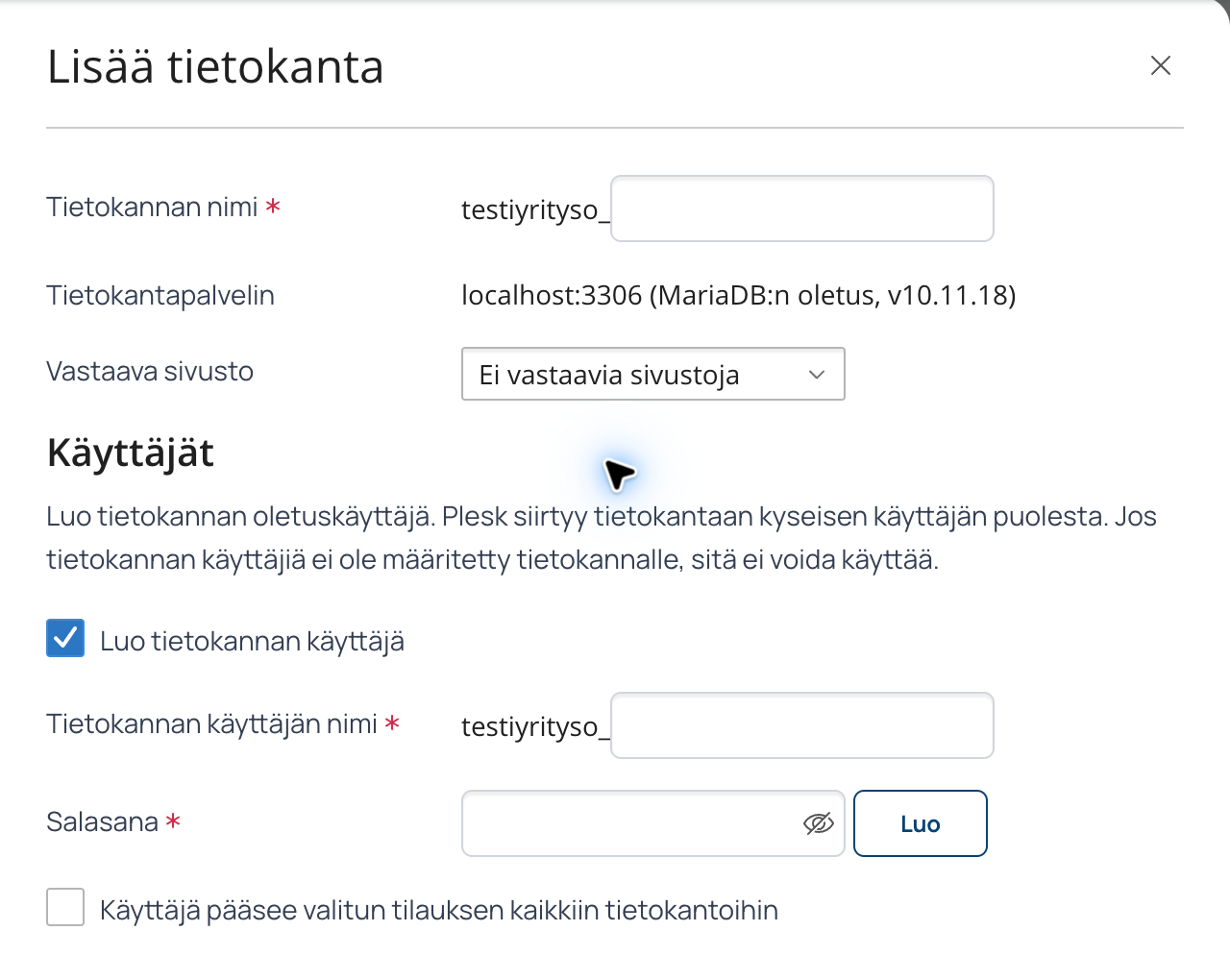 Tietokannan nimi, käyttäjän nimi ja salasana