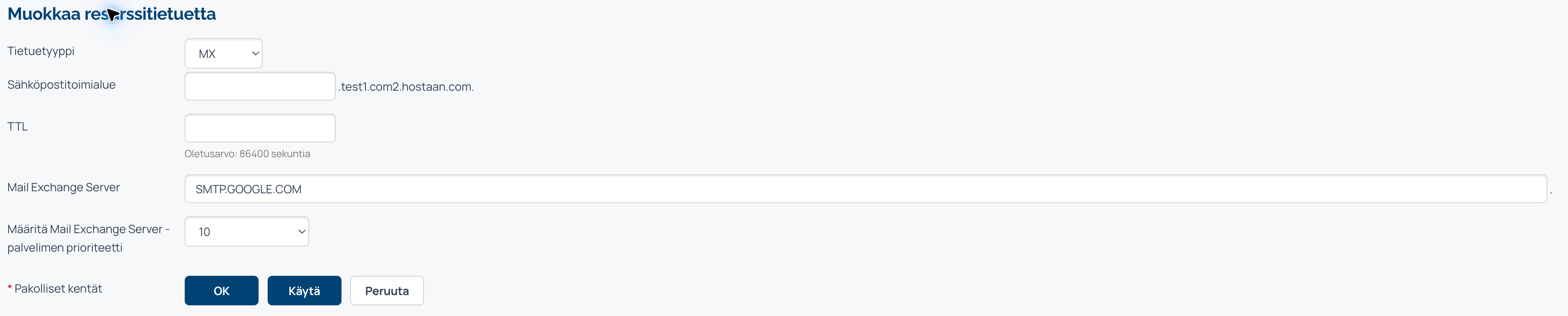 MX-tietueen palvelinnimi ja prioriteetti