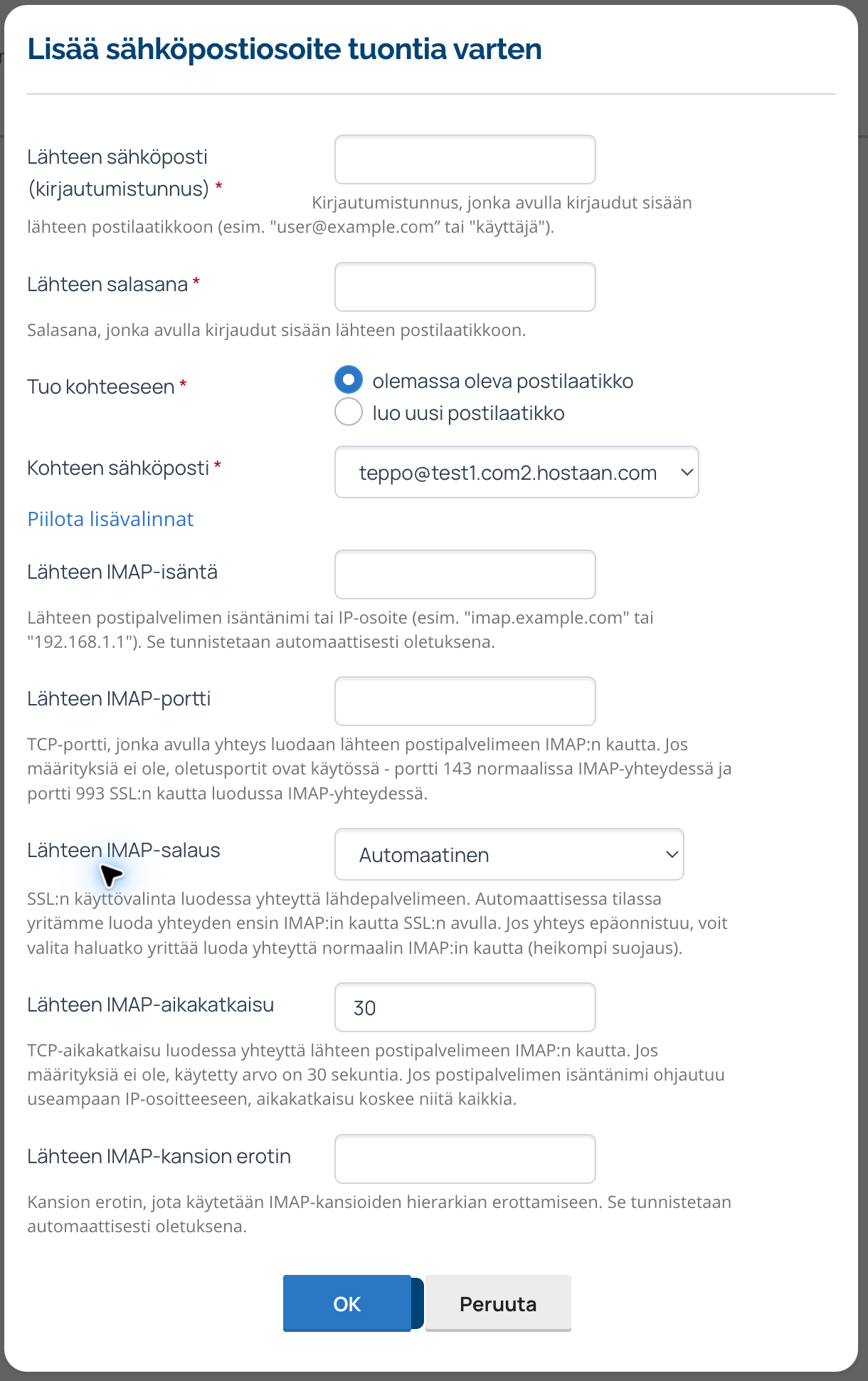 Sähköpostin tuonti olemassa olevaan postilaatikkoon: IMAP-lisäasetukset