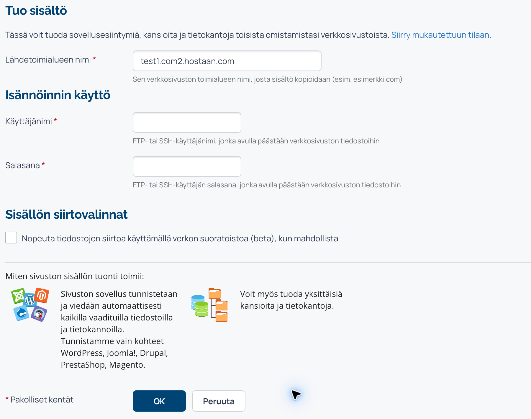 Sivuston tuonti: lähdetoimialue ja vanhan palvelimen kirjautumistiedot