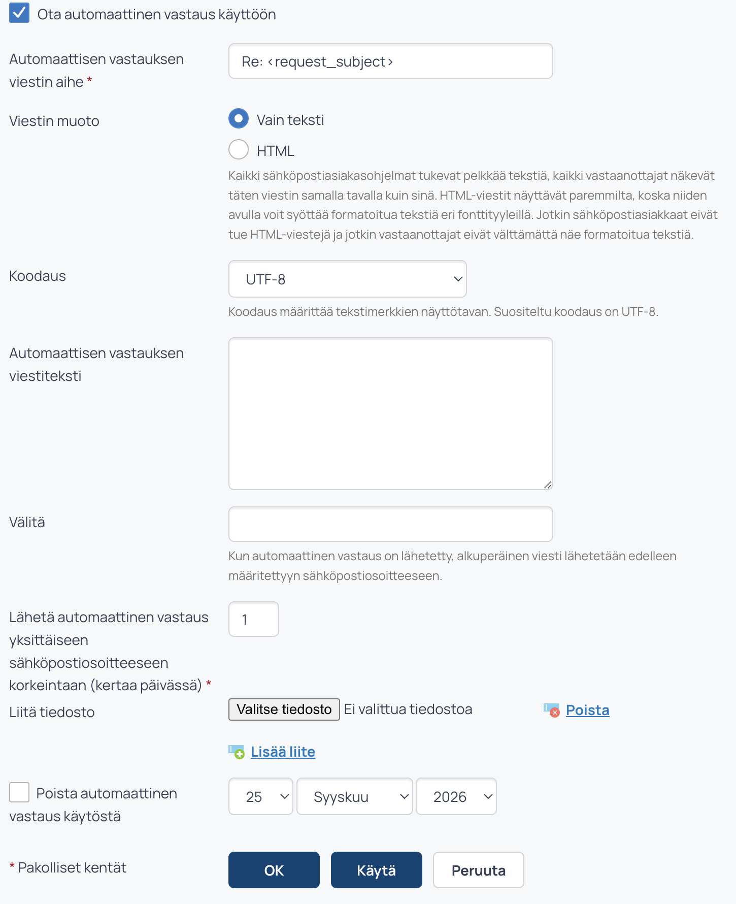 Automaattinen vastaus: viesti ja päättymispäivämäärä