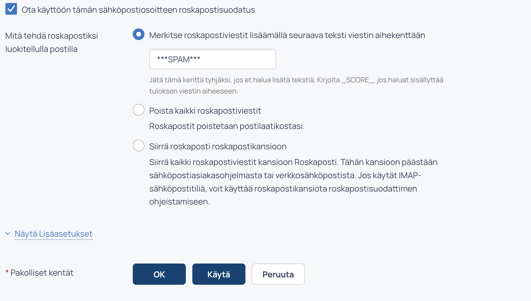 Roskapostisuodatus: käyttöönotto ja lisäasetukset