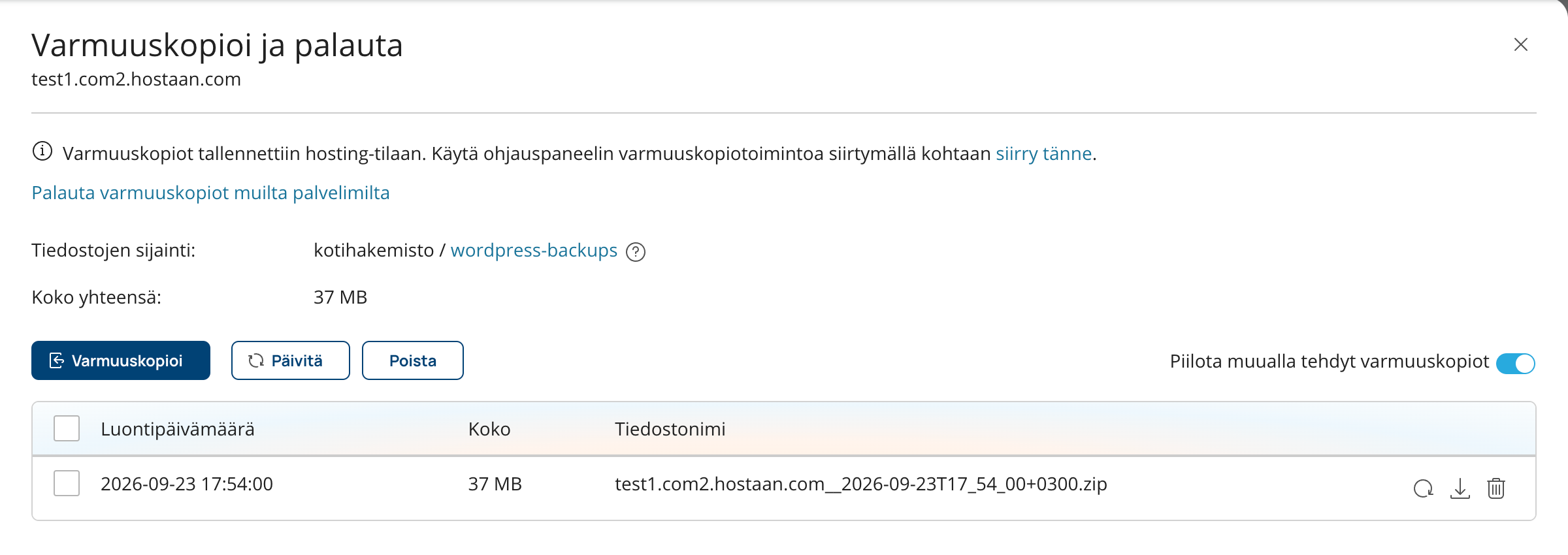 Varmuuskopiointi ja kopion palautus, lataus sekä poisto