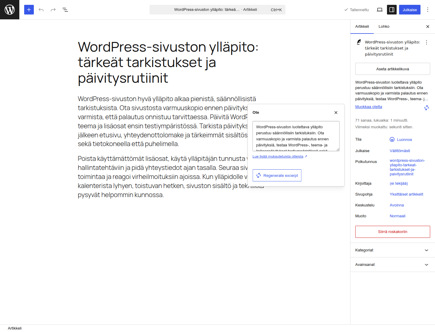 WordPress-editorissa avattu Ote-kenttä, jossa näkyvät generoitu teksti ja Regenerate excerpt -painike