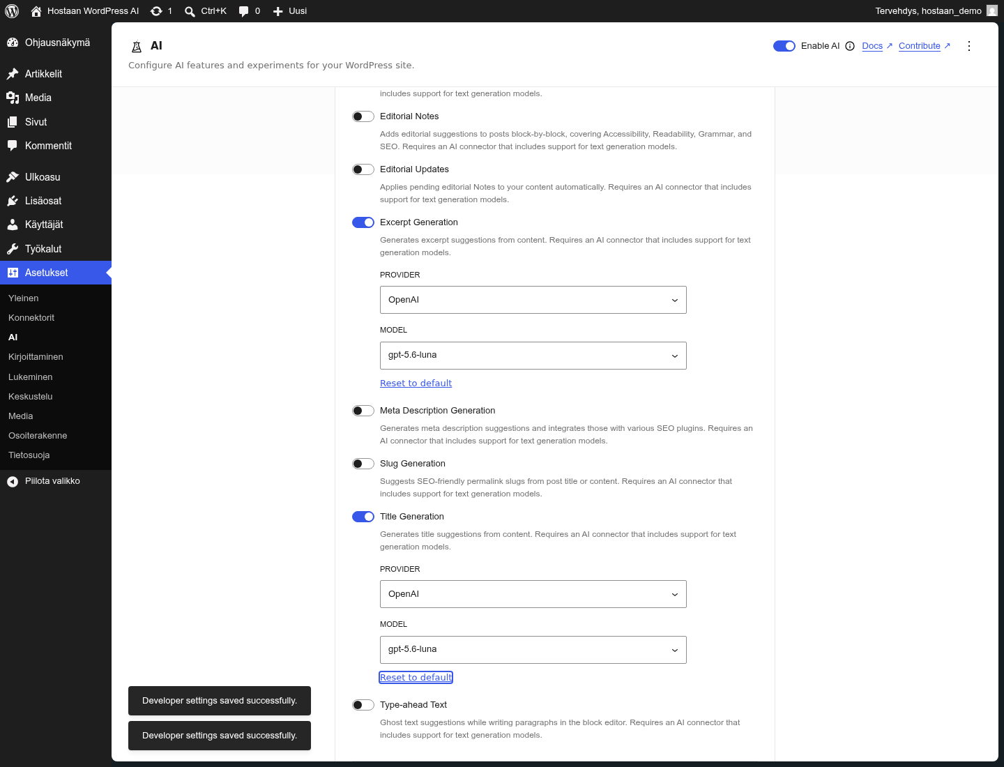 WordPress AI:n Developer Tools - Model selection -näkymä, jossa Title Generation ja Excerpt Generation käyttävät OpenAI-provideria ja gpt-5.6-luna-mallia
