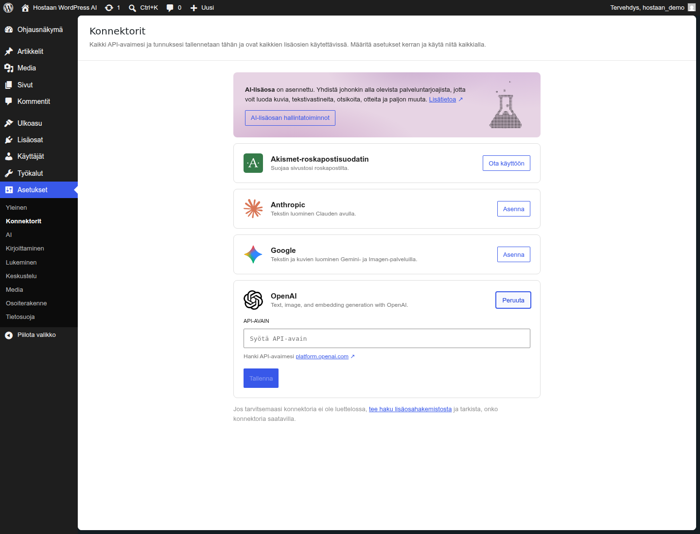WordPressin OpenAI-connectorin Ota käyttöön -lomake, jonka API-AVAIN-kenttä on tyhjä