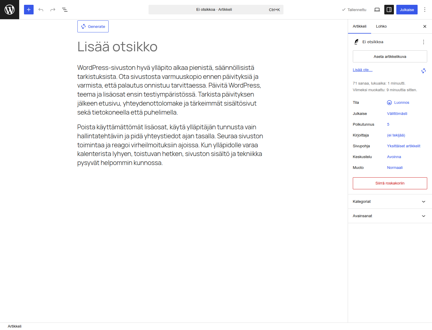 WordPress-editorin Lisää otsikko -kenttä, jonka yläpuolella näkyy Generate-painike