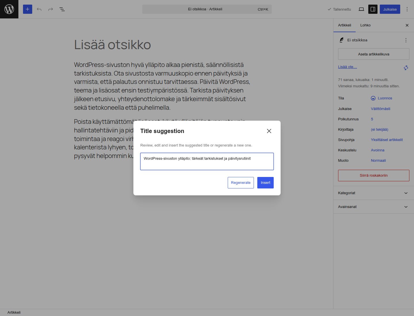 WordPress AI:n Title suggestion -ikkuna, jossa Generated title -kentässä on otsikkoehdotus